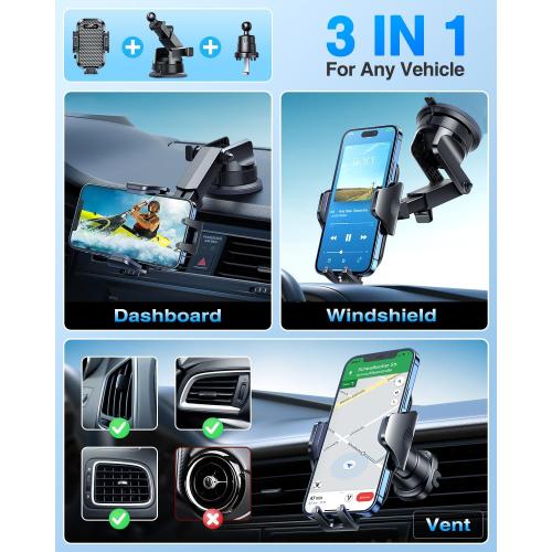 [True Military-Grade] Car Phone Holder VANMASS [Upgraded Strongest Suction&Clip] Cell Phone Mount for Dashboard Windshield Vent Kit, Truck Cradle Stand for iPhone 18 Pro Max 17 16 15 Android,Ink Black
