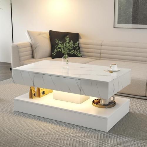 Polibi 16.93IN High LED Coffee Table with Remote Control - RGB Color Changing Light, Storage Drawer, Modern Design for Living Room, Farmhouse & Office, White