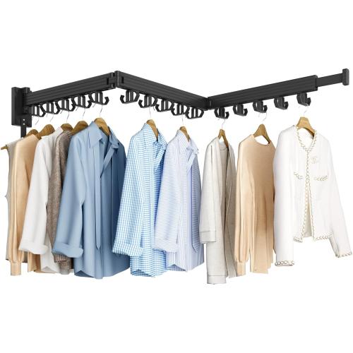 Kelisiting Clothes Drying Rack, Wall Mounted Laundry Drying Rack, Upgrade 3-Fold Foldable Collapsible Retractable Clothing Drying Rack with 12 Dual Hooks Organization for Laundry Room Indoor- Black