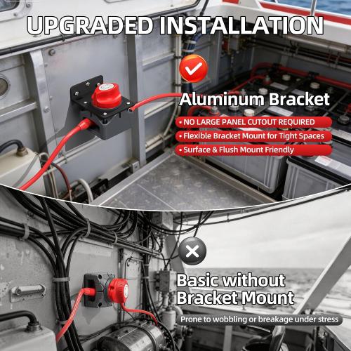 Battery Disconnect Switch with Aluminum Mounting Bracket, 12V-48V Waterproof Marine Battery Cut Off Switch, 275A Heavy Duty Kill Switch Power Master Switch Isolator for RV, Boat, Car, Trailer, Truck