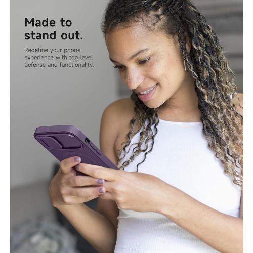SURITCH for iPhone 15 Case with Magnetic Camera Slide Cover and Adjustable Kickstand, Compatible with MagSafe, Shockproof Bumper Case Slim Protective Cover 6.1 Inch, Dark Purple