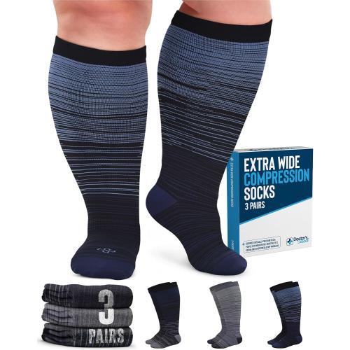 Doctor's Select 3 Pairs Plus Size Compression Socks Wide Calf - Up to 6XL | 20-30 mmHg Compression Socks for Women Wide Calf | Line Patterns 2