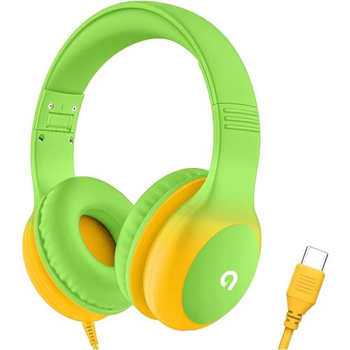 ADOOPE Wired Kids Headphones with USB C Plug, 85dB Safe Volume, Adjustable Headband, Tangle-Free Cord Headphones for School, Tablet, Travel (Lime Green & Orange, Without Microphone)