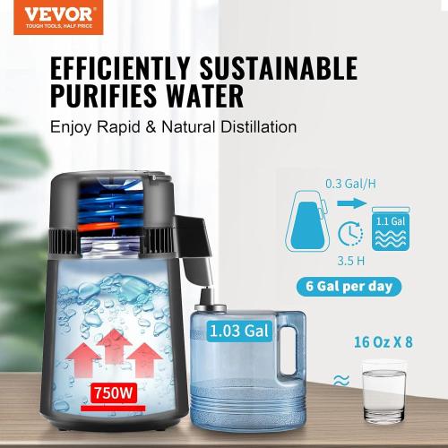VEVOR Water Distiller, 4L/ 1.05 Gallon Pure Water Distilling for Home Countertop, 750W Distilled Water Maker, 304 Stainless Steel Interior Stiller Water Making Machine to Make Clean Water, Black