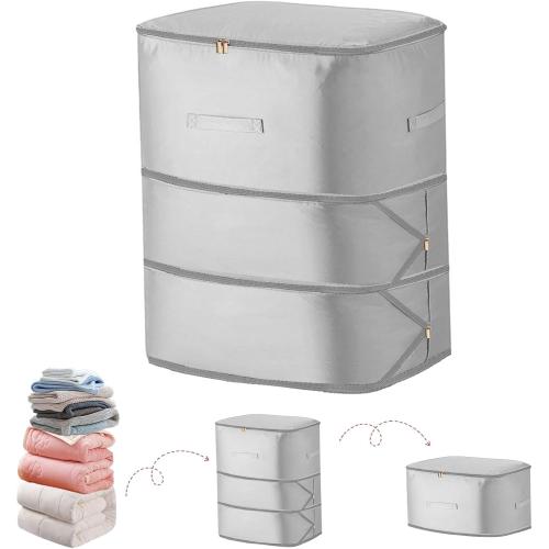 Comforter Self Compression Storage Bags, Large Capacity Blanket Storage Bags with Zipper 3-Layer Ultra Space Saving Organizer, Washable Bags, Grey