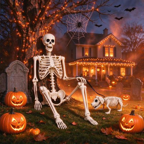 NEROSUN  Halloween Skeletons Decoration, Posable Life Full Size Skeleton with Dog Skeleton, Realistic Plastic Human Bones for Halloween Props Haunted House Graveyard Party Decor