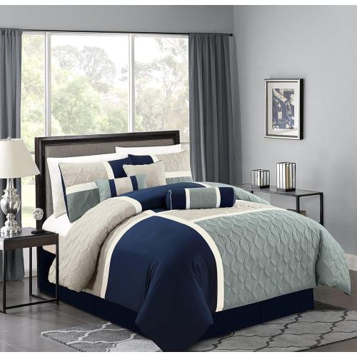 Chezmoi Collection Upland 7-Piece Quilted Patchwork Comforter Set, Navy/Blue/Gray, Queen
