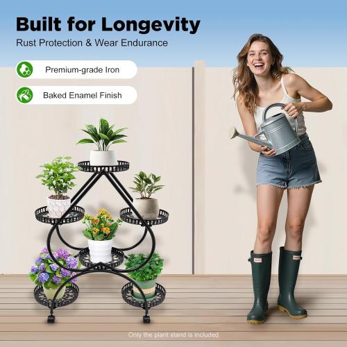 4 Tier Plant Stand, 6 Trays Heart Flower Pot Stand Metal Heart Shaped Plant Shelf with 4 Universal Wheels Indoor Tall Planter Display Shelf for Indoor Outdoor Patio Garden Living Room