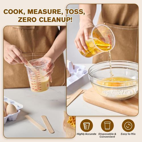 Lilymicky 16 oz Plastic Mixing Cups, 100 Pack 16 oz (500ml) Disposable Measuring Cups with 100 Wooden Mixing Sticks, Can Be Used for Epoxy Resin, Liquid Measuring, Paint, Cooking and Baking