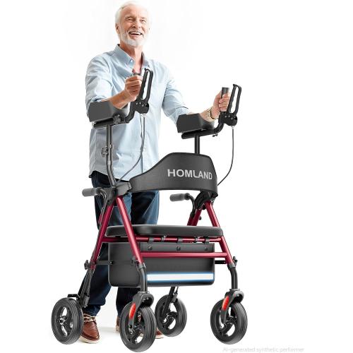 HOMLAND Upright Walker with Seat for Seniors, Adjustable Padded Armsupport