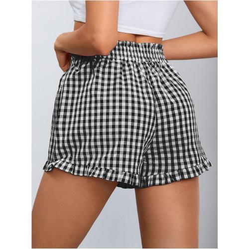 MakeMeChic Women's Gingham Shorts Ruffle High Waist Lounge Pajama Bottom