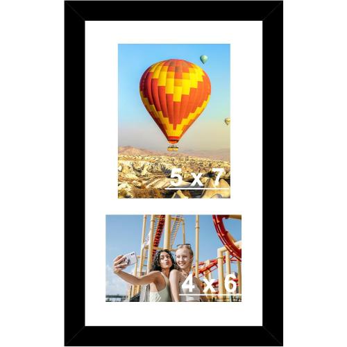 Wood 8x14 Collage Picture frames, Display 4x6 and 5x7 with Mat or 8x14 Without Mat, Wall Hanging 2 Opening Photo Frame with Shatter Resistant Plexiglass, White Mat, Black