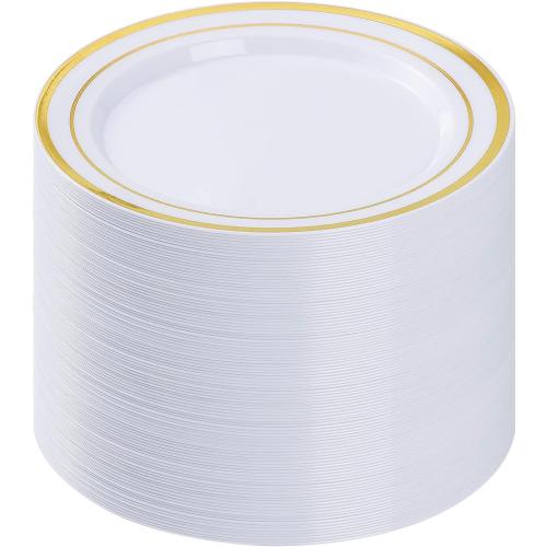 BESTVIP 100Pcs Gold Plastic Plates, 10.25 Inch Disposable Dinner Plates