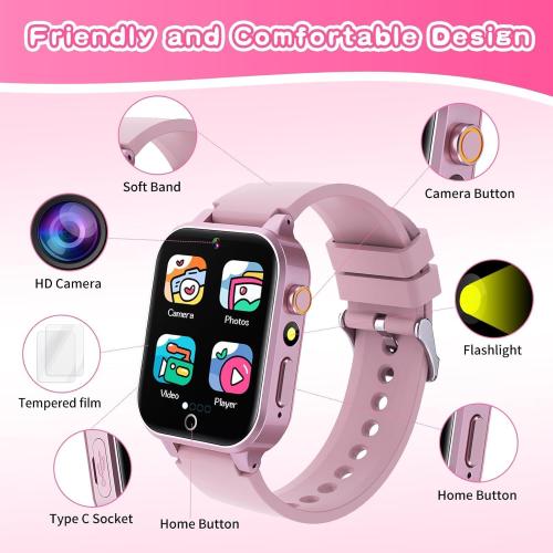 Kids Smart Watch Gift for Girls Age 5-12, 39 Games HD Touch Screen Watches with Video Camera Music Player Pedometer Flashlight 12/24 hr Educational Toys Birthday Gifts for Girls Ages 7 8 9 10