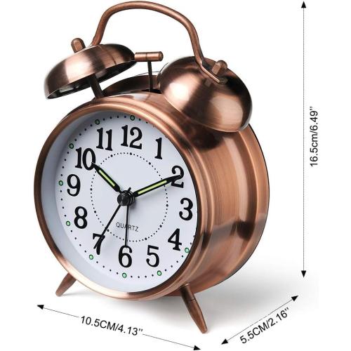 Azyh Loud Alarm Clock for Heavy Sleepers Adults, Metal 4 Inches Twin Bell Battery Operated Alarm Clocks for Bedrooms Decoration, Silent Non-Ticking, Back-to-School Gift (Red Brown)