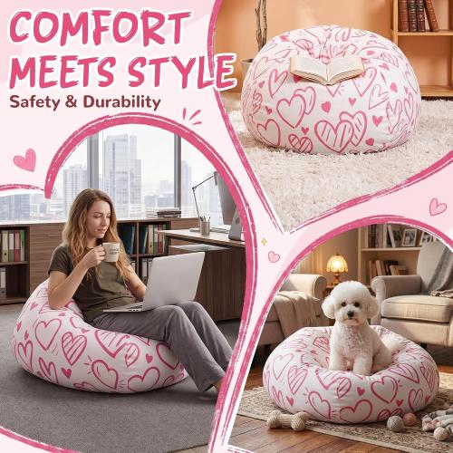 Novabright Stuffed Heart Storage Bean Bag Chair Cover for Teens (No Filler) 2.3 Feet Plush Soft Bean Bag Cute Sofa Organizer with Double Stitched Zipper Washable Kids Room Decoration