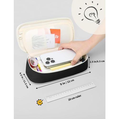 SUNEE Cute Pencil Case, Aesthetic Pen Pouch, Colored Large Pencil Bag with Zipper, Kawaii Stationery Storage and Organizer, School Supplies for Teen and Adult Girls, Black
