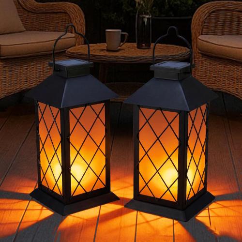 Solar Lanterns Outdoor Waterproof, 2 Pack 13 Metal & Glass Hanging Solar Lantern Lights, Cross Pattern IP46 Decorative Outdoor Solar Lanterns for Patio Table Yard Porch Garden Decor