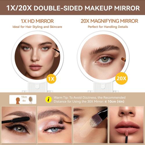 Auxmir Rechargeable 1X/20X Magnifying Makeup Mirror with Light, White