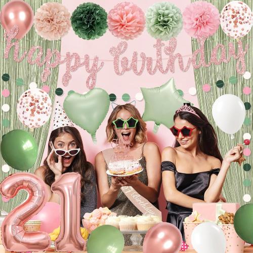 Holkcog 21st Birthday Decorations for Women, Green Pink 21st Bday Banner