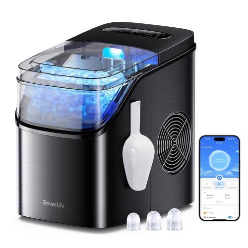 GoveeLife Smart Ice Maker Countertop, Portable Ice Machine with Voice Control, 9 Ice Cubes in 6 Minutes 3 Sizes, 26lbs/24Hrs, Self Cleaning RGB Lights, Quiet Ice Maker with Scoop for Kitchen Black | 9 Ice Cubes in 6 Mins 3 Sizes, Self Cleaning, RGB Lights, Portable Ice Machine with Scoop for Kitchen, Party