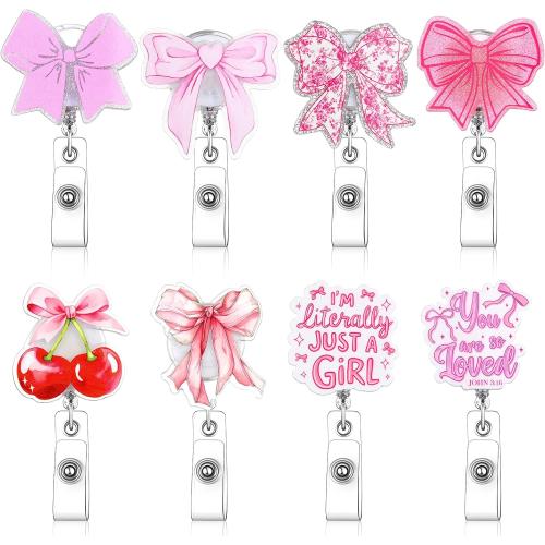 8 Pcs Coquette Pink Bow Badge Reel Retractable Badge Reel for ID Card Cute Alligator Clip Accessories for Nurse Medical Worker Office School Teacher(Bow Theme,Acrylic)