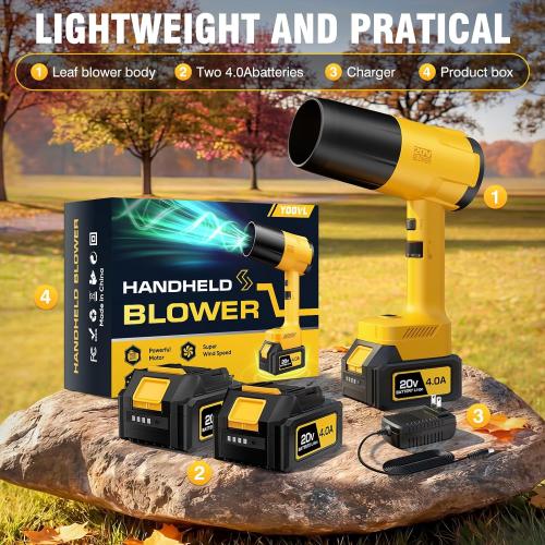 Leaf Blower Cordless, Handheld Leaf Blower with 2 X 4.0Ah Battery and Charger, Snow Blower with 6 Speed Modes, Lightweight Blowers for Lawn Care, Patio, Yard, Blowing Snow, Leaves, Dust-Yellow