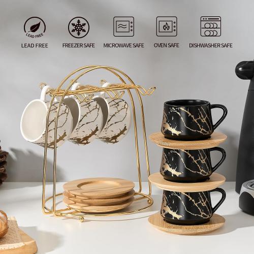 LUKA Ceramic Espresso Cups with Saucers and Metal Stand