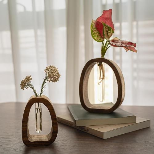 Acacia Small Wood Vase, Glass Tube Plant Propagation Station, MCM Decor