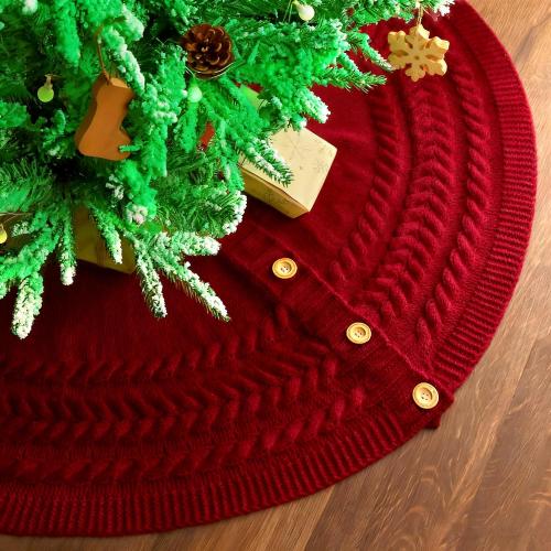 Red Christmas Tree Skirt 24 Inch, Knitted Tree Skirt for 4Ft Pencil Tree, Vintage Thick Small Tree Skirt for Christmas Trees Decoration, Xmas Home Indoor Farmhouse Decorations
