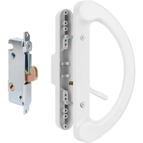 Patio Door Handle Set with Mortise Lock 45° for Replacement Mortise Style Reversible Design Non-keyed Sliding Patio Glass Door Handles, Fits 3-15/16” Screw Hole Spacing White Finish