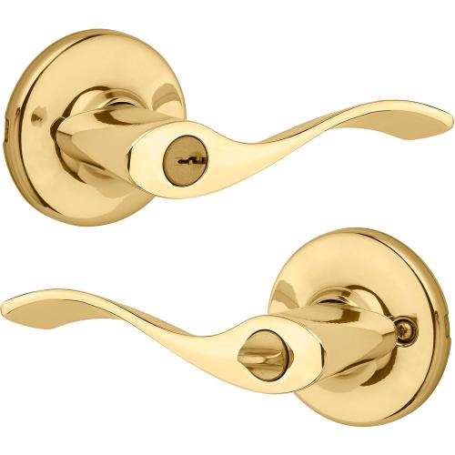 Kwikset Balboa Entry Door Handle with Lock and Key, Secure Keyed Reversible Lever Exterior, for Front Entrance and Bedrooms, Polished Brass, Pick Resistant Smartkey Rekey Security