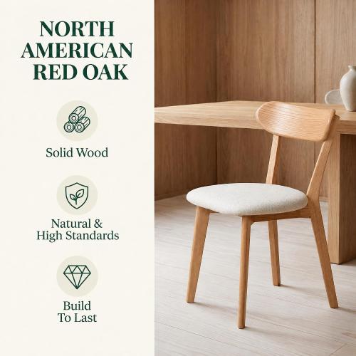 100% Solid Oak Dining Chairs, Mid Century Modern Dining Chair with Curved Backrest, Fabric Upholstered Dining Chairs for Kitchen, Study, Living Room (2, Original Wood-Pear White Cushion)