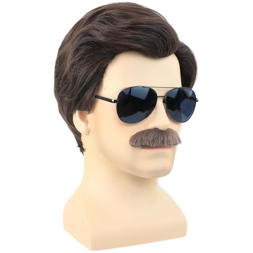 Short Brown Men Wig with Msutache and Sunglasses for 70s 80s Costume Cosplay Halloween Party