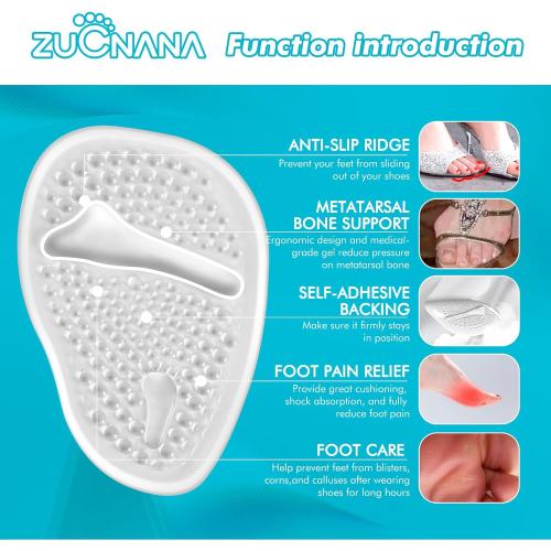 ZUCNANA Ball of Foot Cushions, Gel Shoe Inserts Heel Inserts Women 2 Pairs