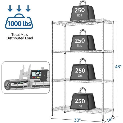 M MZG 1000 lbs 4Tier Shelf Metal Storage Shelves Wire Rack Closet Organizers with Wheel for Garage Kitchen Bathroom Laundry Chrome 13.7 D x 29.5 W x 47.2 H