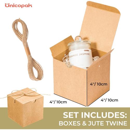 UnicoPak 10 Pack 4x4x4 Small Brown Gift Boxes with Lids & Twine - Premium USA Kraft Cardboard - Pop-Up Easy Assembly Gift Boxes for Presents, Candles, Mugs, Ornaments, Favors