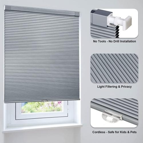 LazBlinds Cordless Cellular Shades, No Tools No Drill Light Filtering Honeycomb Shades Pleated Blinds for Windows, 34'' W x 48'' H, Dark Grey