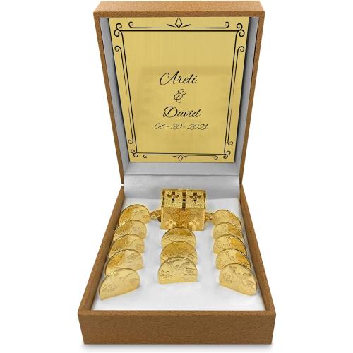 Customizable Wedding Unity Coins 24K Gold Plated with Case, Treasure Box, Arras Matrimoniales (Centenario)