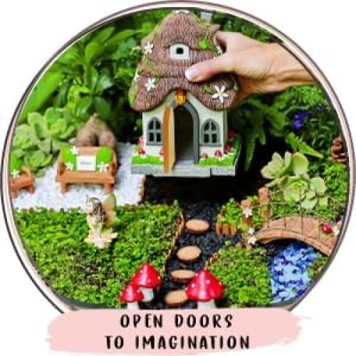 WILD PIXY Fairy Garden House - Glow in The Dark Fairy Cottage with Opening Door and Solar LED Light, Beautiful Miniature Garden Decoration for Indoor or Outdoor Fairy Gardens - 7.1 Fairy House