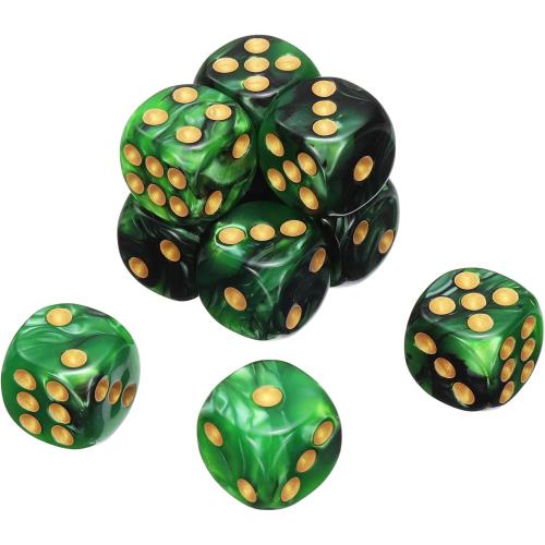 uxcell 10Pcs 6 Sided Colored Standard Dice, 16mm Acrylic D6 Mini Polyhedral Pearl Pattern Two Tone Colors Game Dice Set for Table Games, Light Green/Black, Gold Point