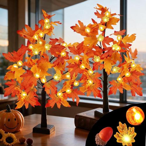 2Pack Fall Lighted Tree with 48 LEDs Battery Operated,Fall Decorations Light Up Artificial Pumpkins Maple Acorn Tree for Fall Thanksgiving Table Harvest Home Indoor Decoration (24inch)
