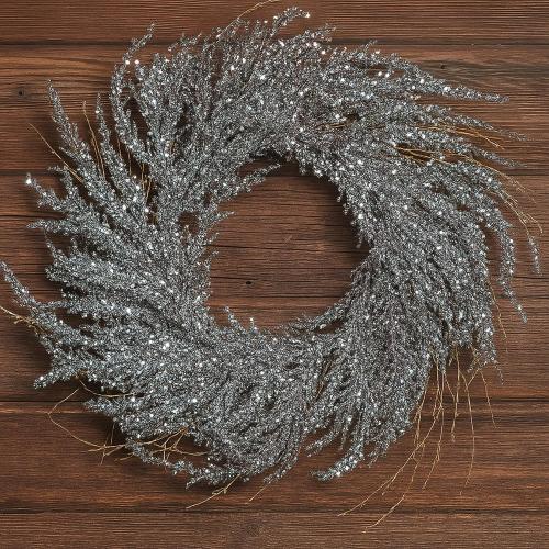 Iced Winter Wreath for Front Door 15.78 Inch Christmas Glitter Shiny Silver Door Decoration Xmas Artificial Rhinestone Wreath for Window Wall Fireplace Indoor Outdoor Decor