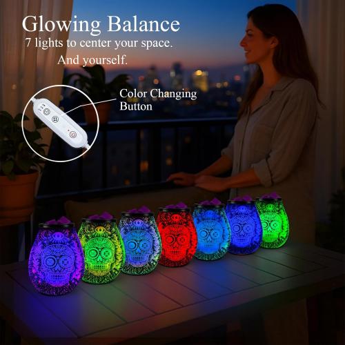 Leyoue 3D Glass Fireworks Electric Wax Melt Warmer with PTC Heating Plate 7 Colors LED Changing Light Wax Burner Melter Fragrance Warmer for Home (Skull Head)