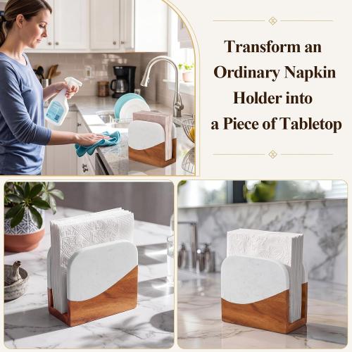 Havawish Acacia Wood Marble Napkin Holder, Trapezoid, White on Top