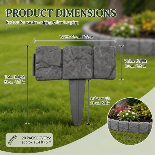 Imitation Stone Garden Fence Edging, Interlocking Plastic Landscape Border Panels for Flower Bed Lawn Path Yard Decor (Black,10pcs)