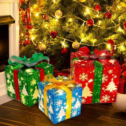 Set of 3 Christmas Lighted Gift Boxes Decorations, Light up Present Box with Snowflake, Perfect for Christmas Tree Home Indoor Outdoor Holiday Party Decor