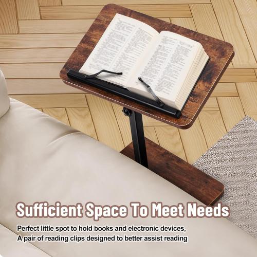 TV Tray Table for Couch, 360° Swivel/Height Adjustable / 180° Flip, C Shaped End Table with Book Clip for Sofa/Bed/Bathtub with Phone & Tablet Slot (Rustic)