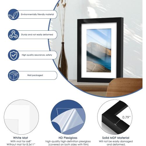 PEALSN 5x7 Picture Frame Set of 6, Display Pictures 4 x 6 with Mat or 5 x 7 without Mat for Wall Mounting or Table Top Display, Photo Frames Collage for Wall Decor, Black.