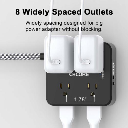 Surge Protector Power Strip - CHCORE 6Ft Braided Extension Cord with 8 Outlets with 4 USB (2 USB C) Charging Ports, Flat Plug Multi Plug Outlet Extender Charging Station for Home Office, ETL, Black